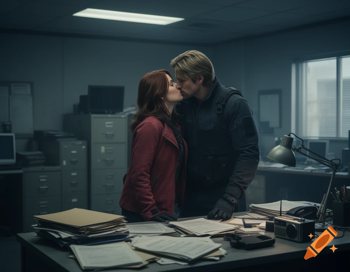 Photorealistic scene of a man and woman kissing across a cluttered office desk.