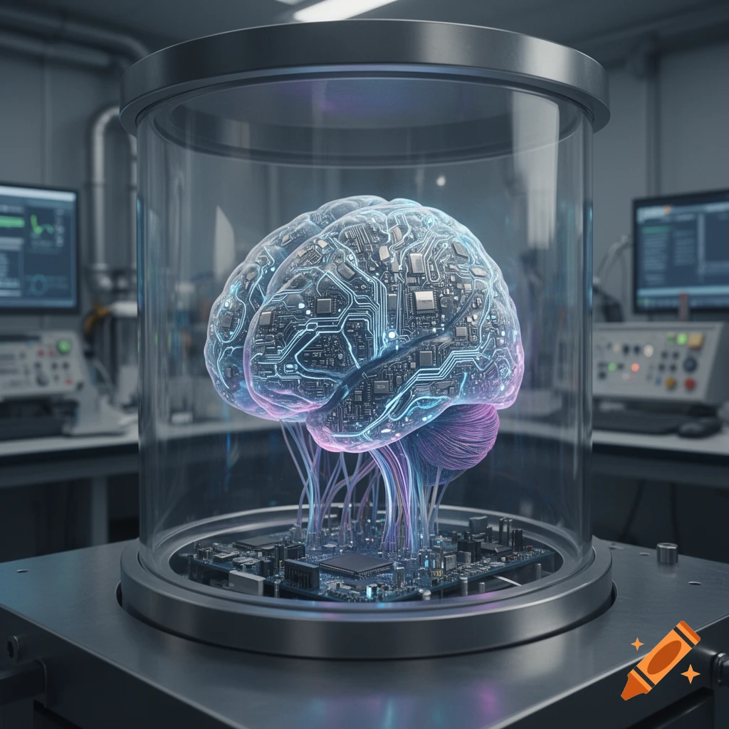 A glowing circuit-board brain inside a cylindrical glass laboratory container, surrounded by computer monitors and scientific equipment.