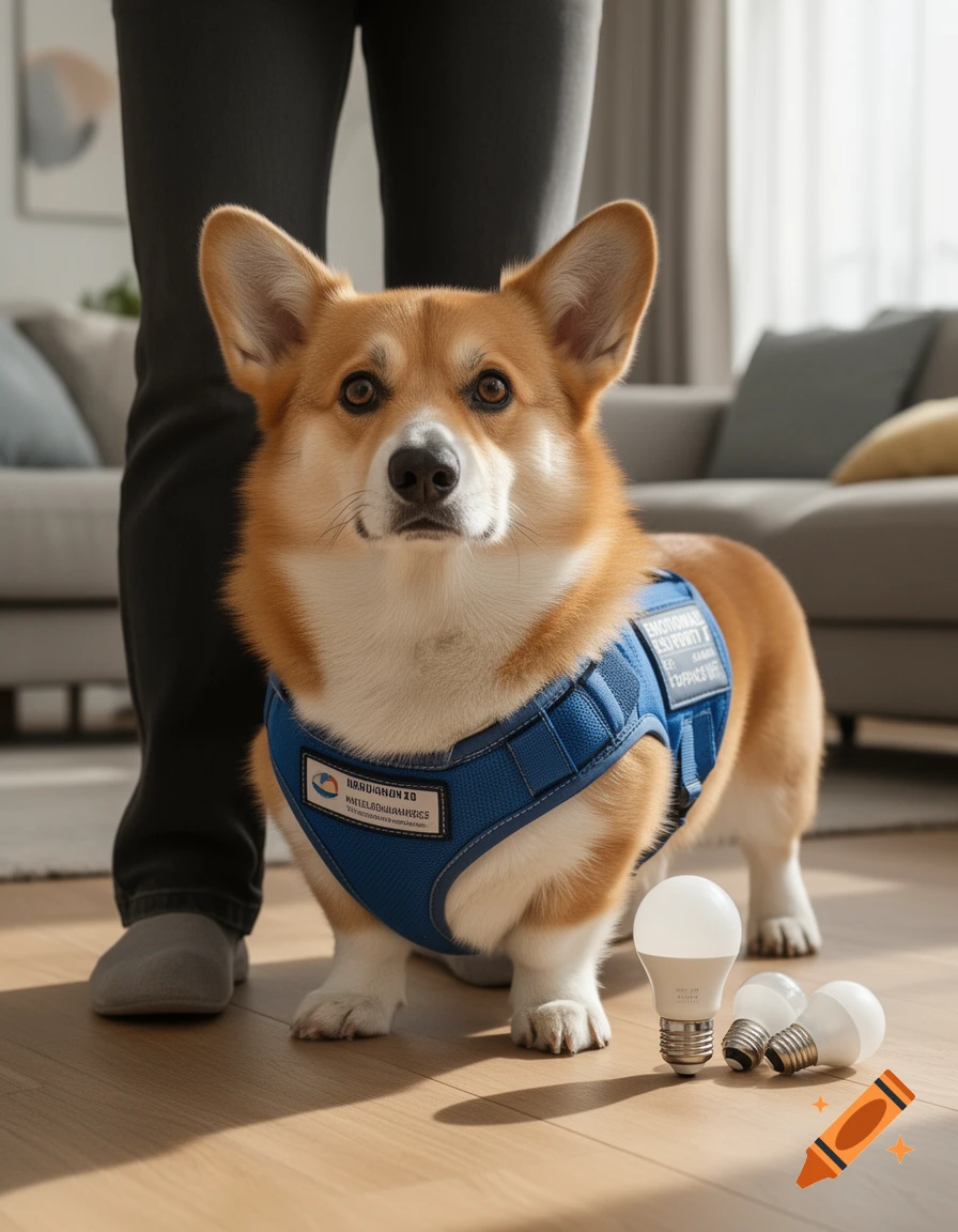 Photorealistic image of a corgi wearing a blue harness standing on a wooden floor next to three lightbulbs.