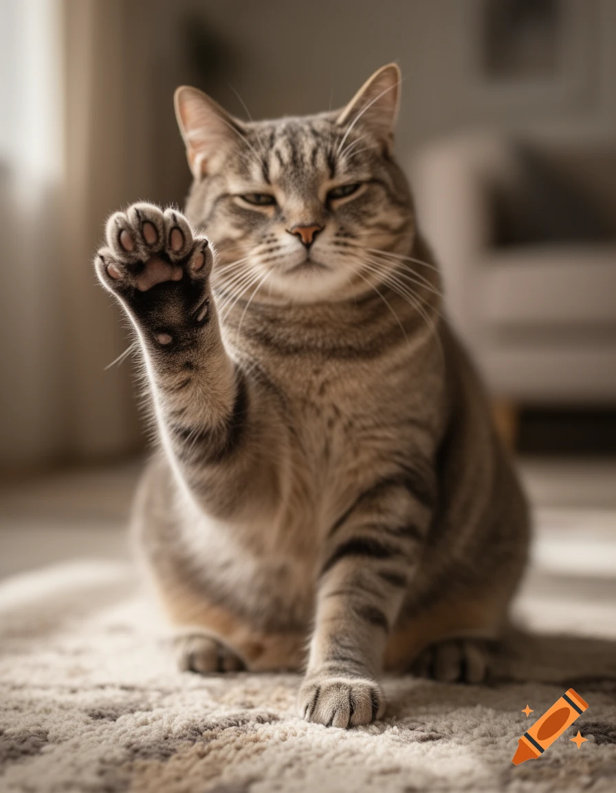 Photorealistic image of a tabby cat sitting on a rug and holding up its paw showing its beans.