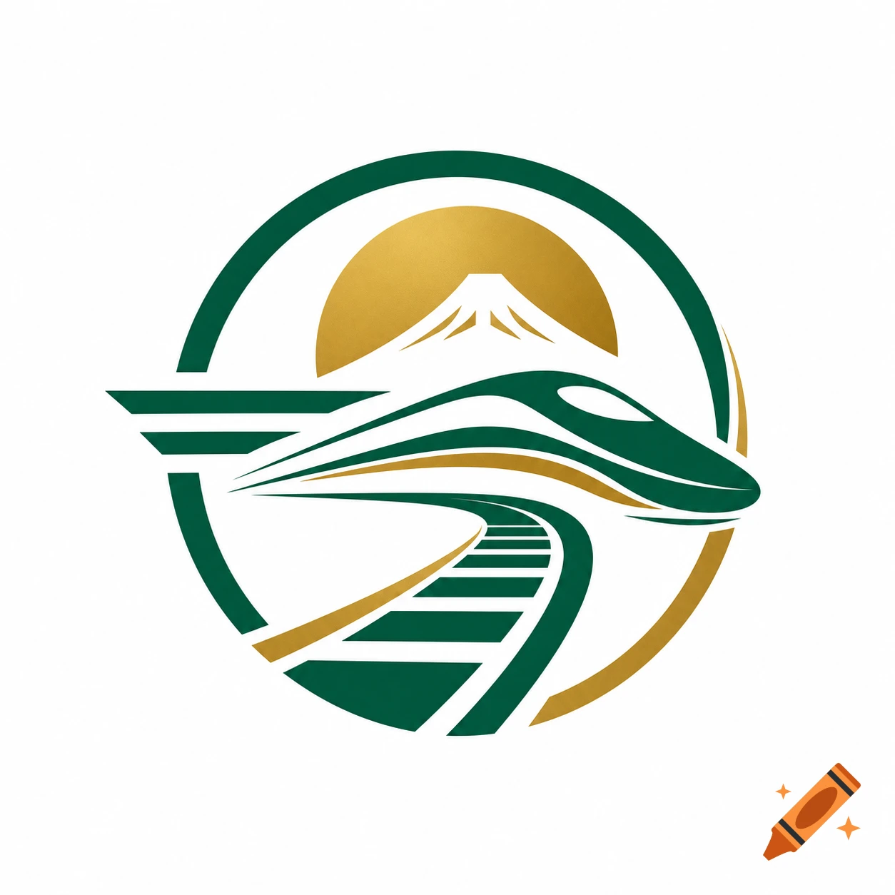Emerald green and gold vector corporate logo featuring a bullet train speeding past Mount Fuji.