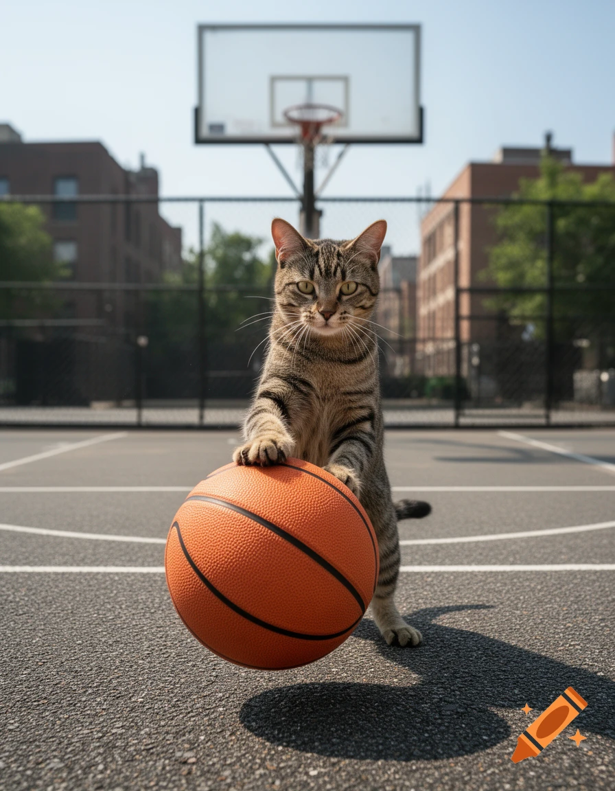 Photorealistic tabby cat standing on a basketball court holding a basketball with its paws, in front of a basketball hoop.