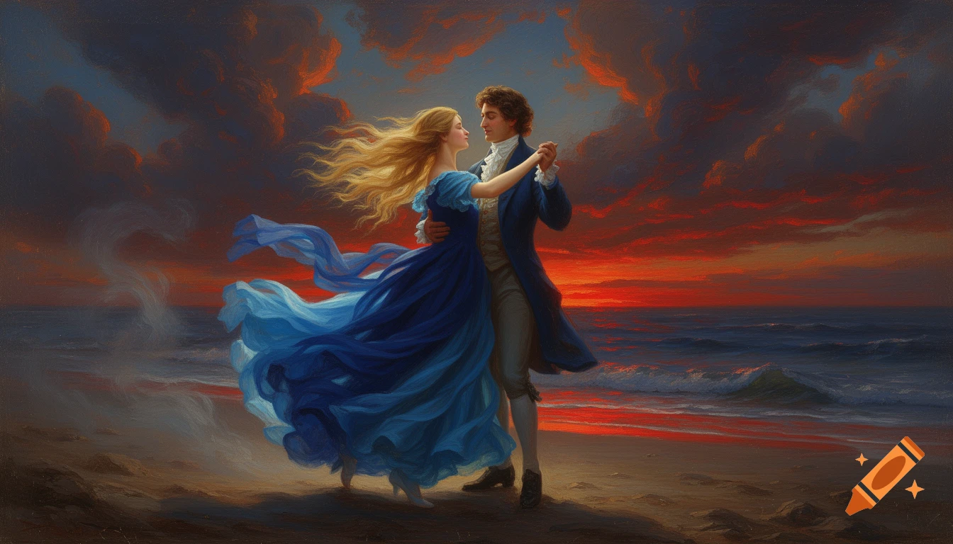 An oil painting of a couple dancing gracefully on a beach at sunset with dramatic red and dark clouds.