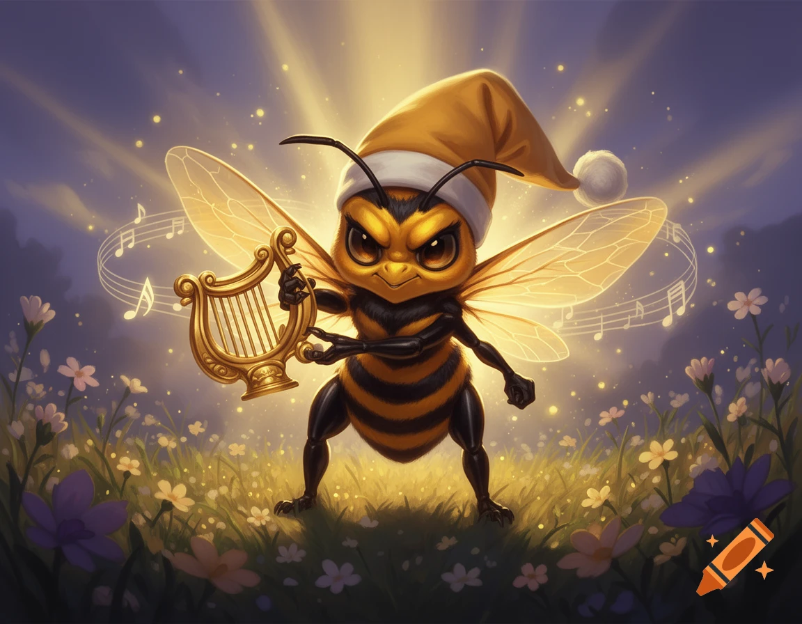 Digital illustration of a determined bee wearing a nightcap, holding a golden harp in a flower meadow with musical notes floating.