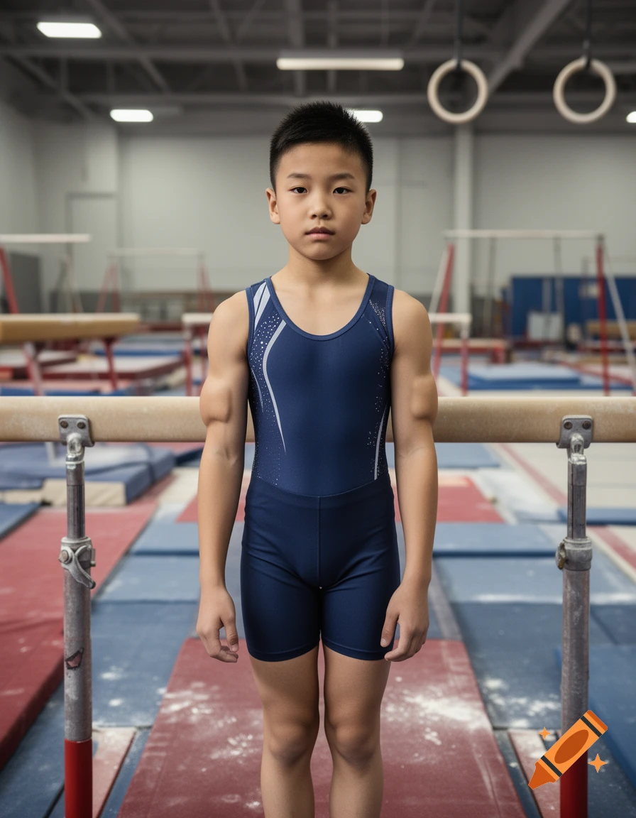 Photorealistic image of a young male gymnast standing in a gym in front of parallel bars.