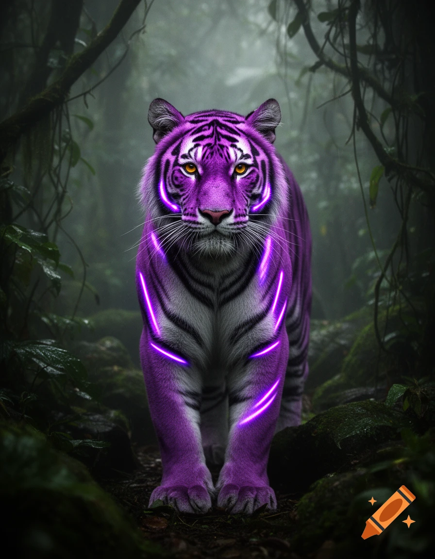 A photorealistic purple tiger with a dark grey underbelly and glowing neon purple stripes standing in a misty jungle.