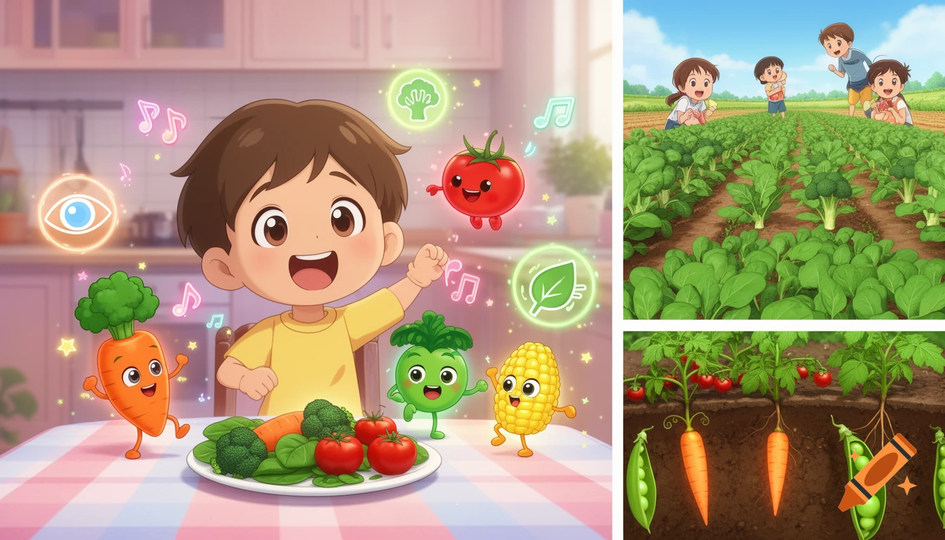 Colorful anime-style illustration of a happy child sitting at a kitchen table with anthropomorphic cartoon vegetables.