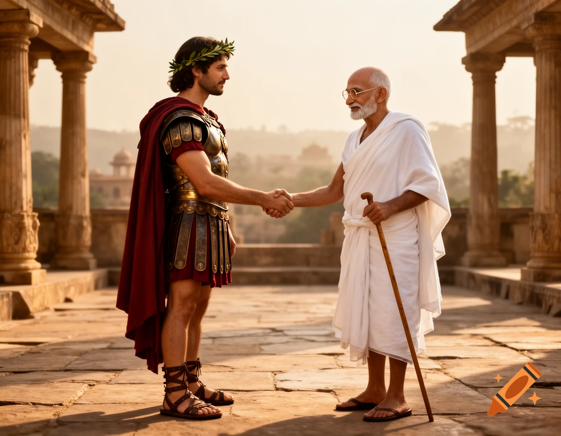Photorealistic image of Alexander the Great in ancient armor shaking hands with Mahatma Gandhi in a classical colonnade.