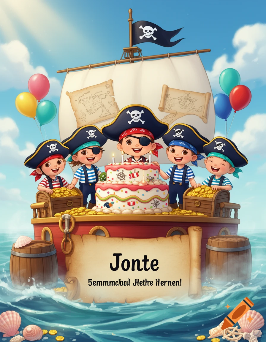Digital illustration of five children dressed as pirates on a pirate ship with a large birthday cake, balloons, and a banner reading Jonte.