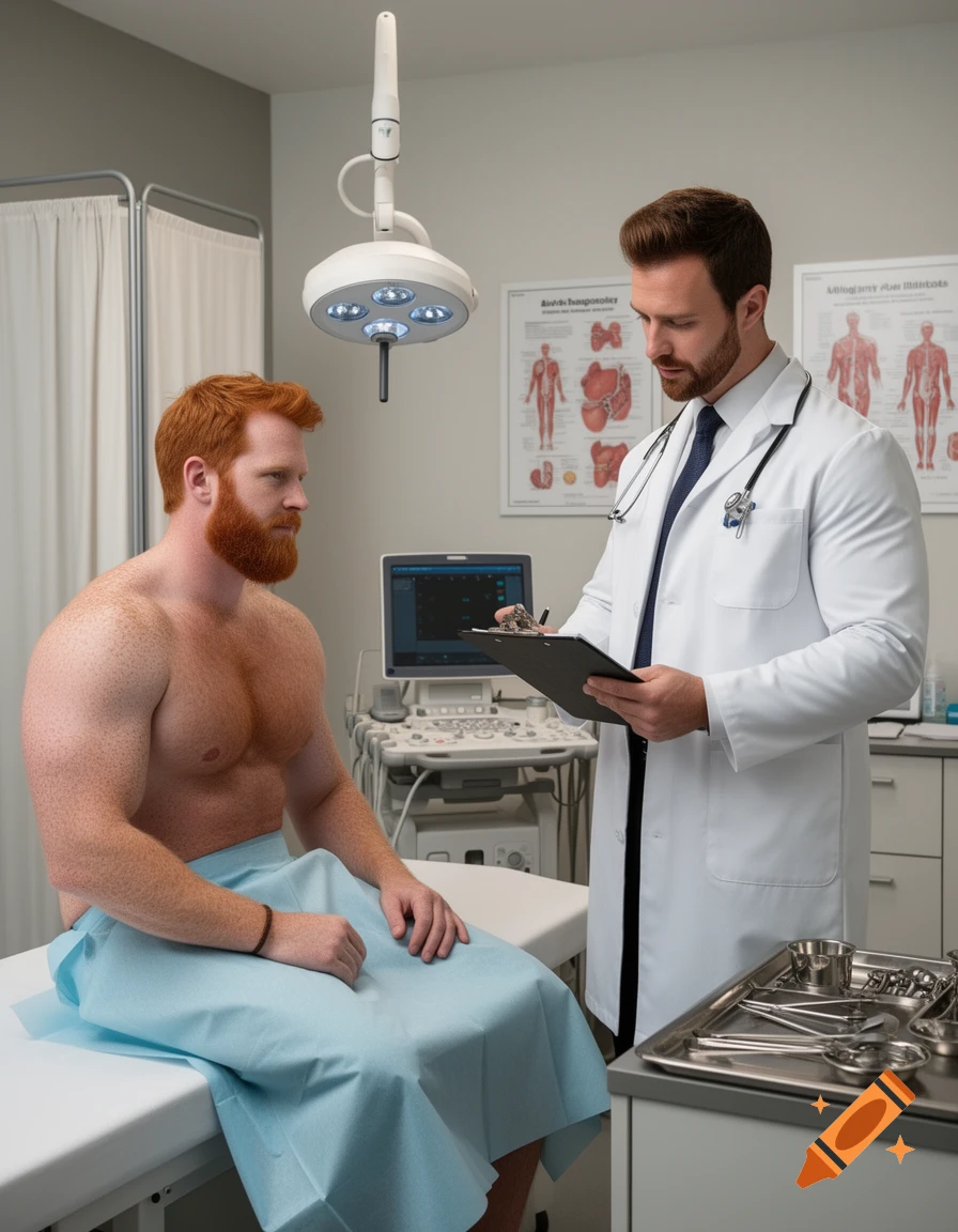 Photorealistic scene of a shirtless man with red hair sitting on a doctor's examination table while a doctor in a white coat takes notes on a clipboard.