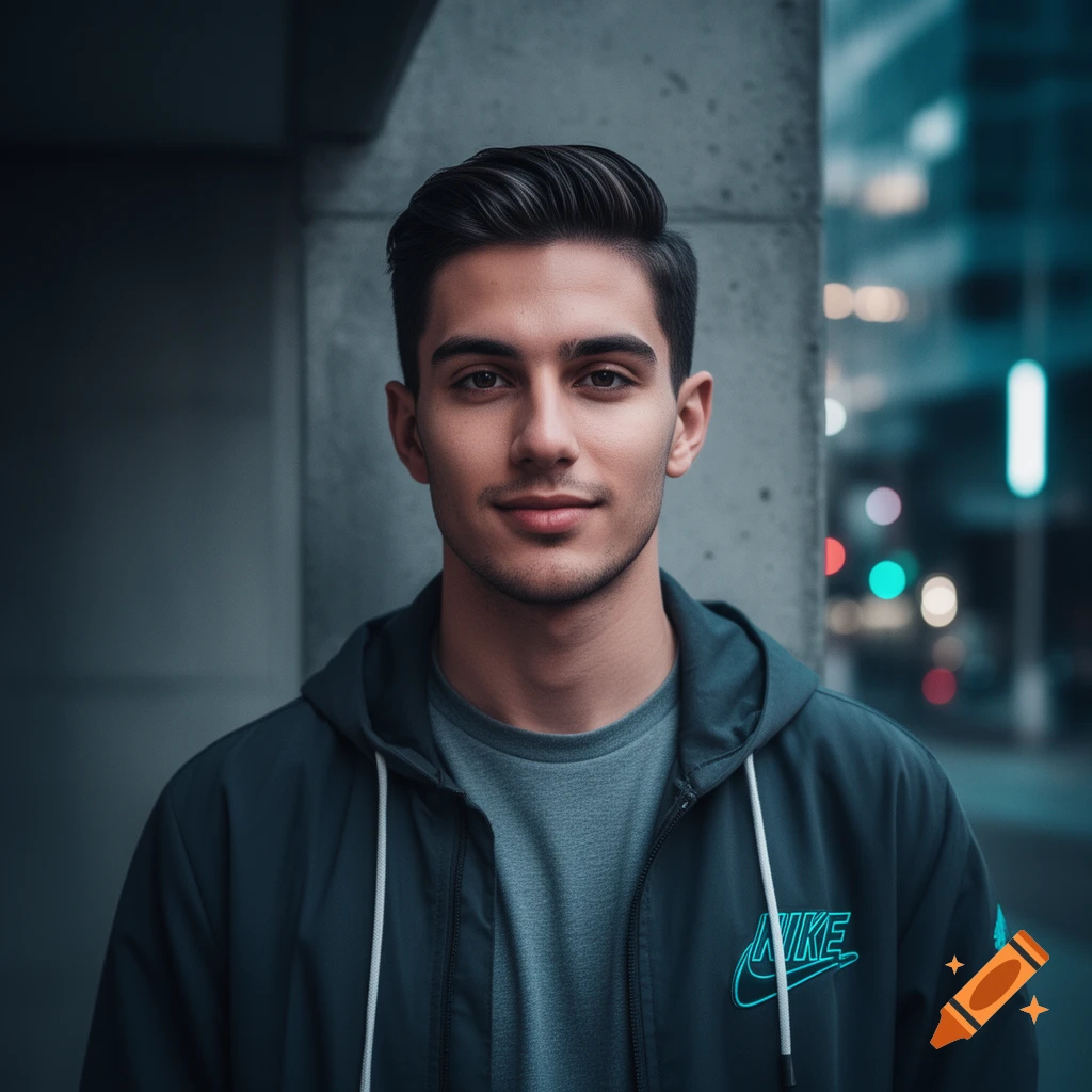 Photorealistic close-up portrait of a young man with a dark styled haircut and a green Nike hoodie against a concrete wall.