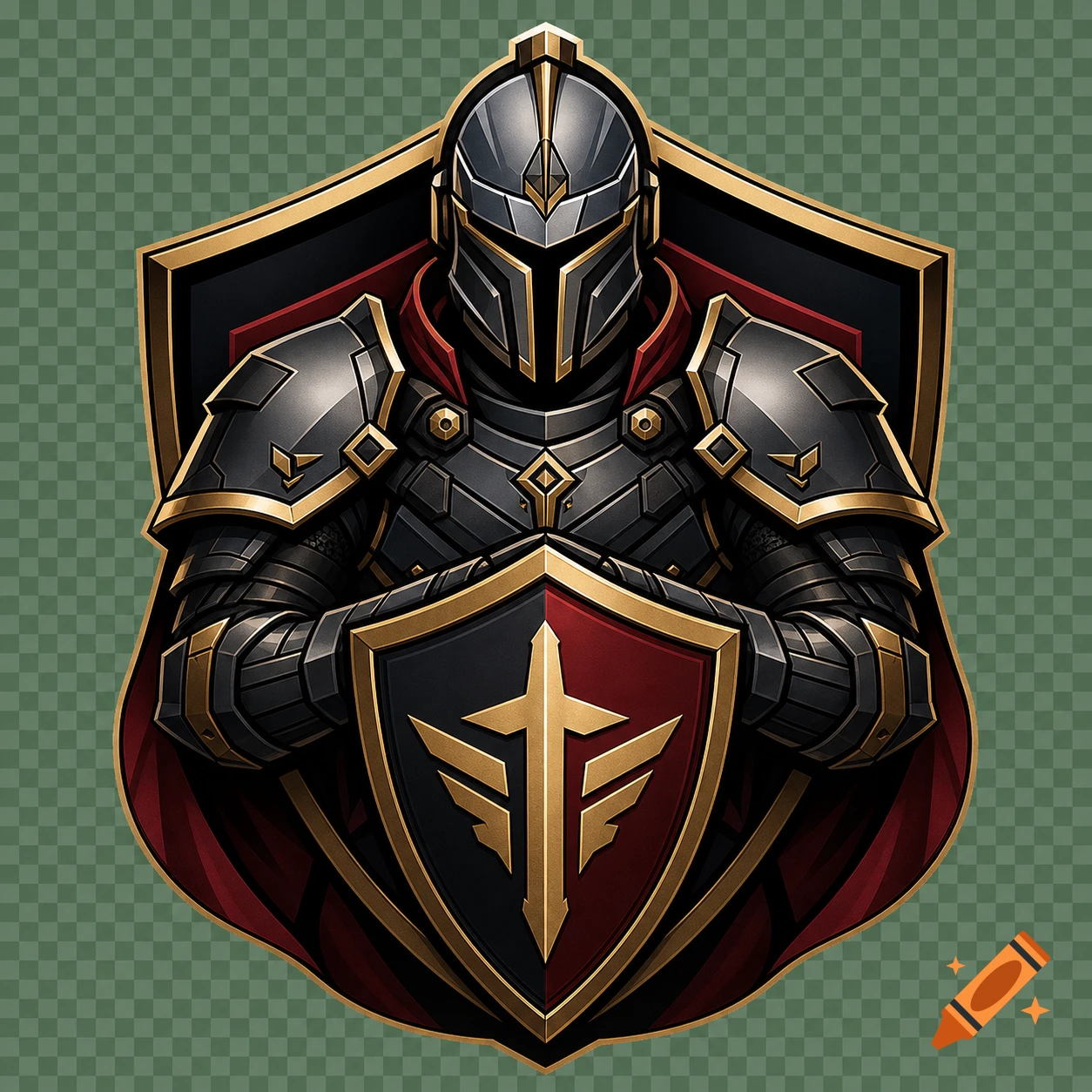 Modern warfare medieval knight in black and gold armor holding a shield with a winged sword emblem, vector logo style.