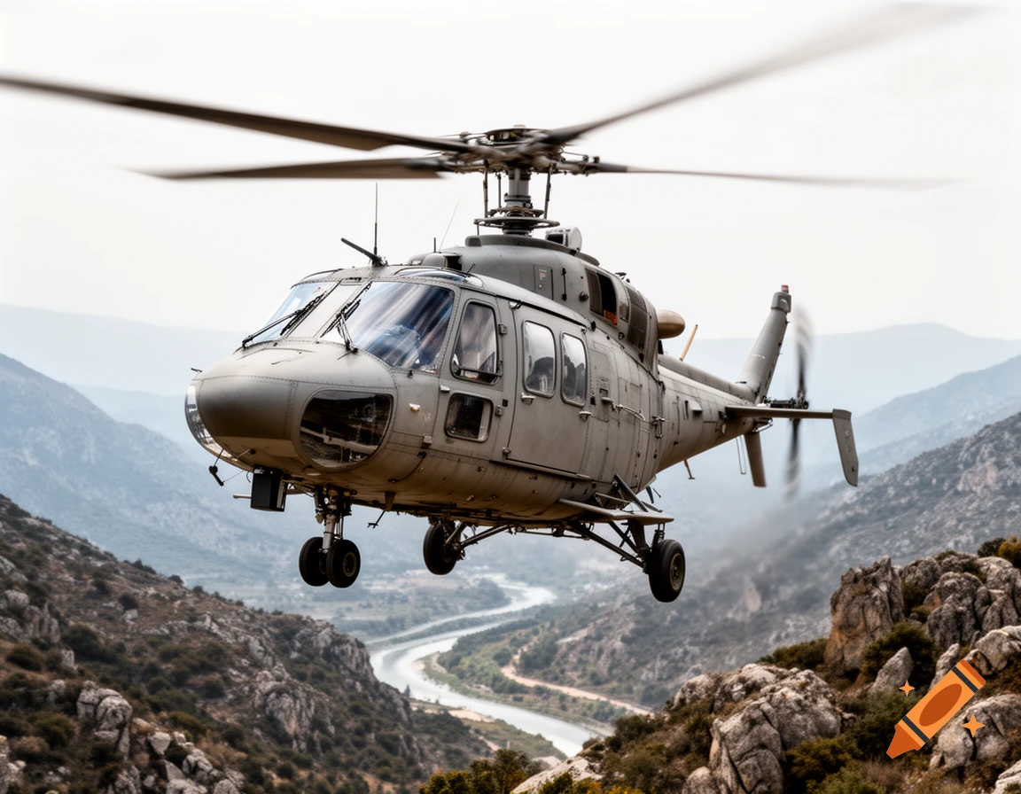 Photorealistic image of a military helicopter in flight over a mountainous landscape with a river valley.