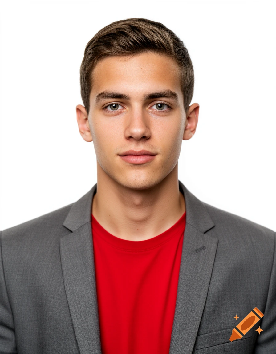 Photorealistic headshot of a young man in his 20s with short brown hair, wearing a grey jacket over a red t-shirt, against a white background.