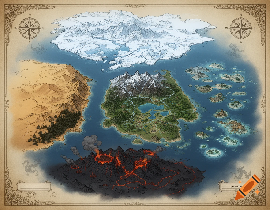 Illustrated fantasy world map showing five distinct continents including tundra, desert, volcanic land, and islands.