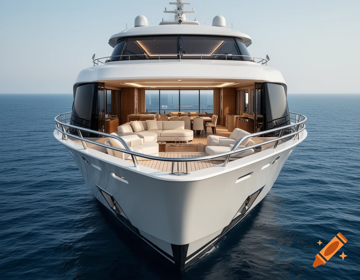 Front view of a large white luxury yacht with an open-air lounge and dining area on the deck, floating on the calm sea.