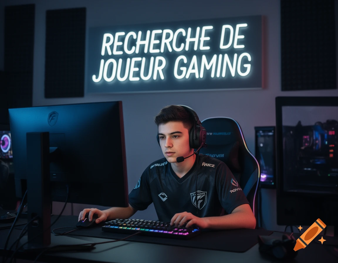 A young male gamer wearing headphones and a jersey, sitting at a desk with a computer, keyboard, and mouse, with a large neon sign that reads RECHERCHE DE JOUEUR GAMING on the wall behind him, photorealistic style.