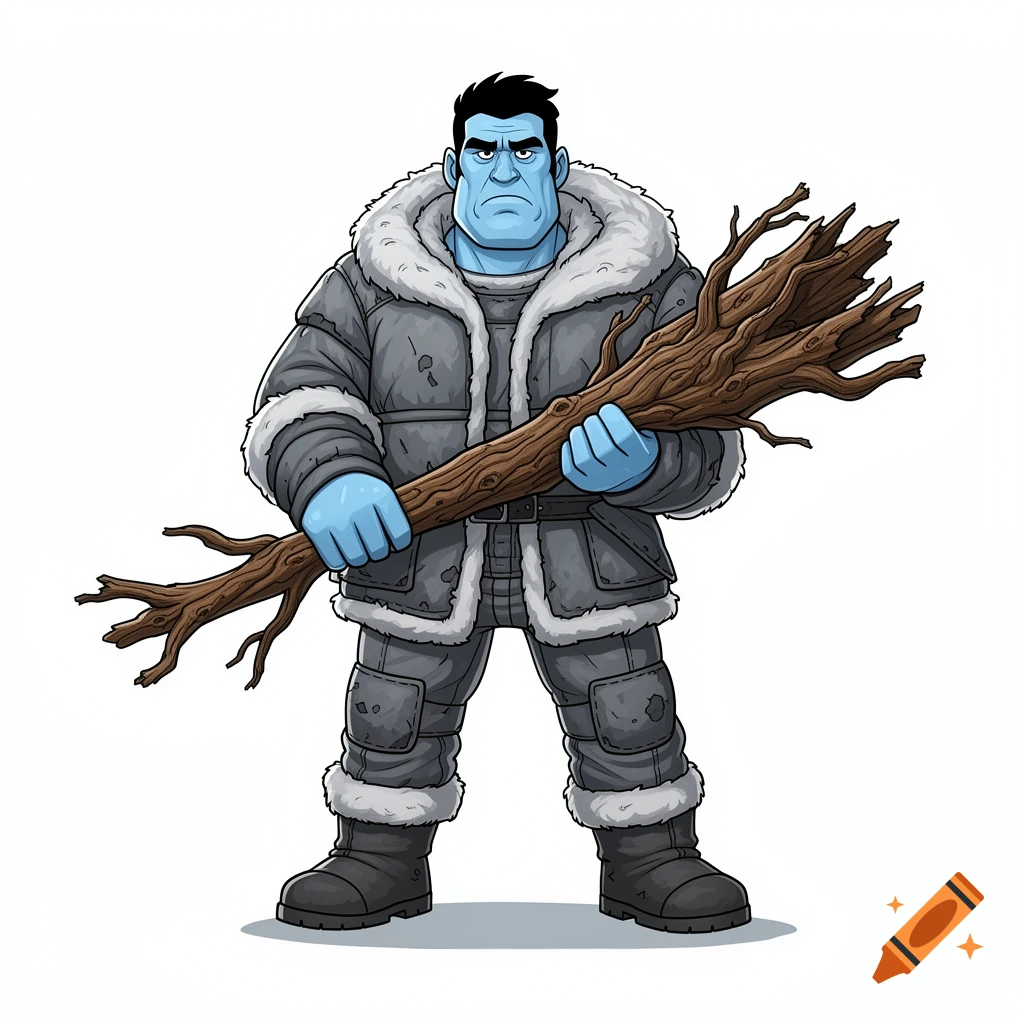 Cartoon illustration of a stoic blue-skinned giant with black hair wearing bulky gray winter coveralls, holding a large wooden tree club.