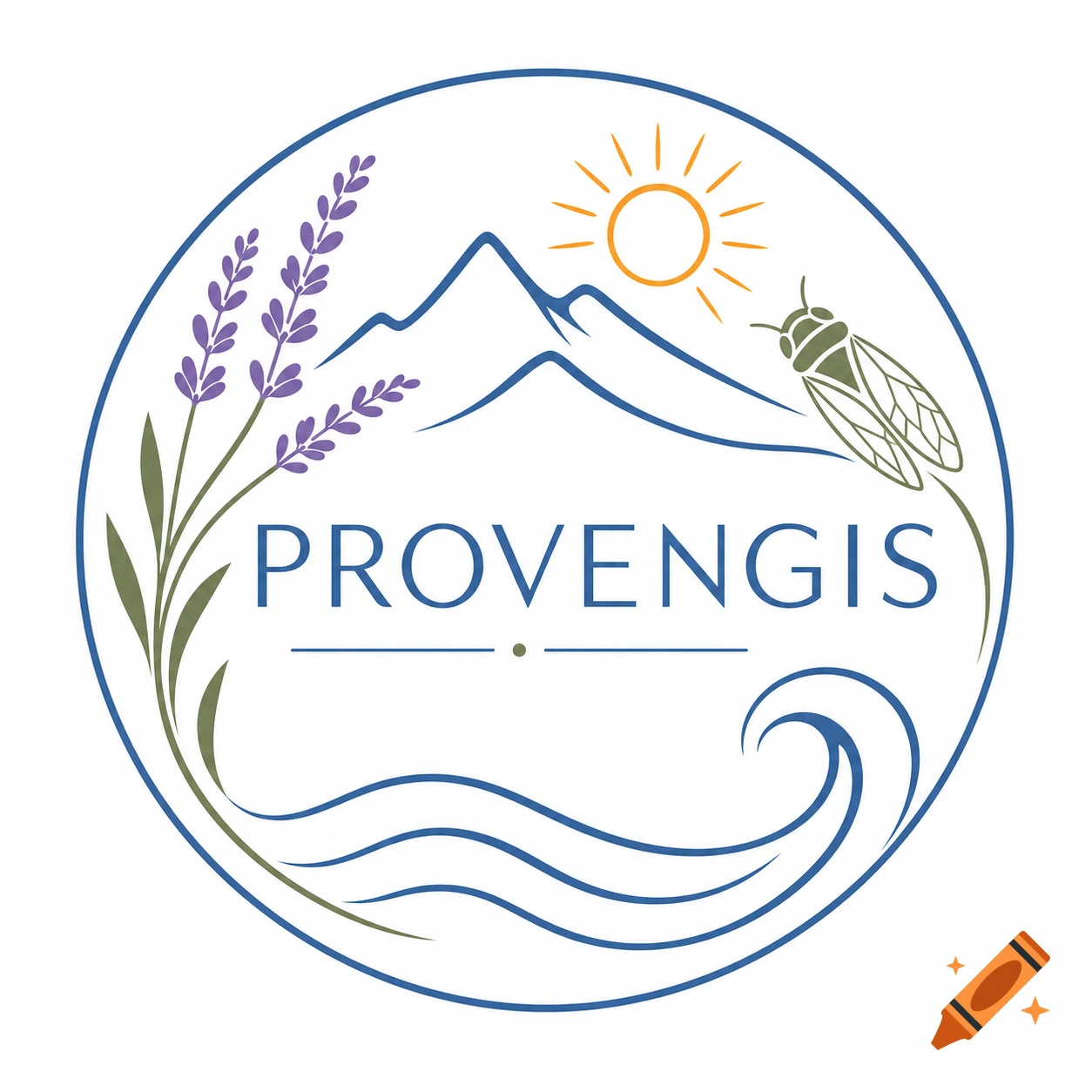 Round minimalist logo for Provengis featuring mountains, sun, lavender, cicada, and ocean waves.