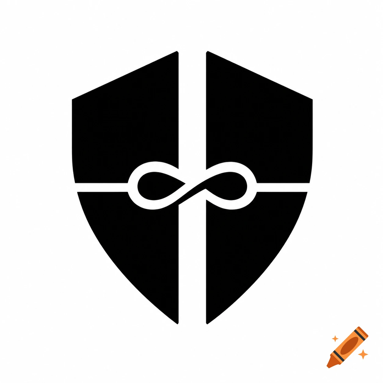 Minimalist black and white heraldic shield emblem with an infinity-like thread connecting two split parts, on a white background.