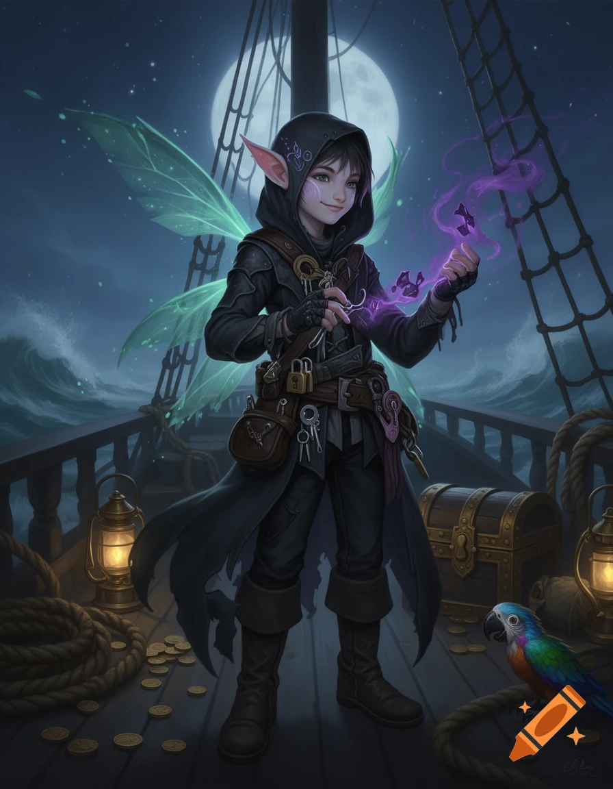 Digital painting of a young elf rogue with fairy wings, wearing a black hooded cloak on a pirate ship deck at night.