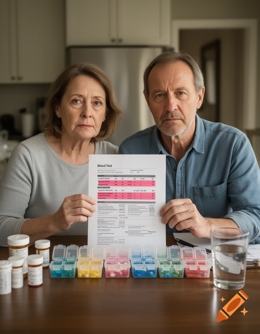 Middle-aged couple sitting at a table with pill organizers and holding a blood test report with highlighted values, photorealistic.