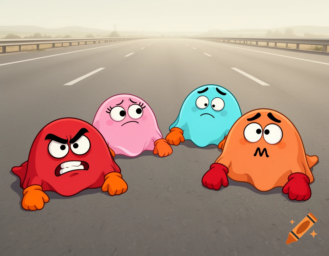 Four colorful cartoon ghosts with expressions and mittens lying on a highway road, in a 2D indie animation style.