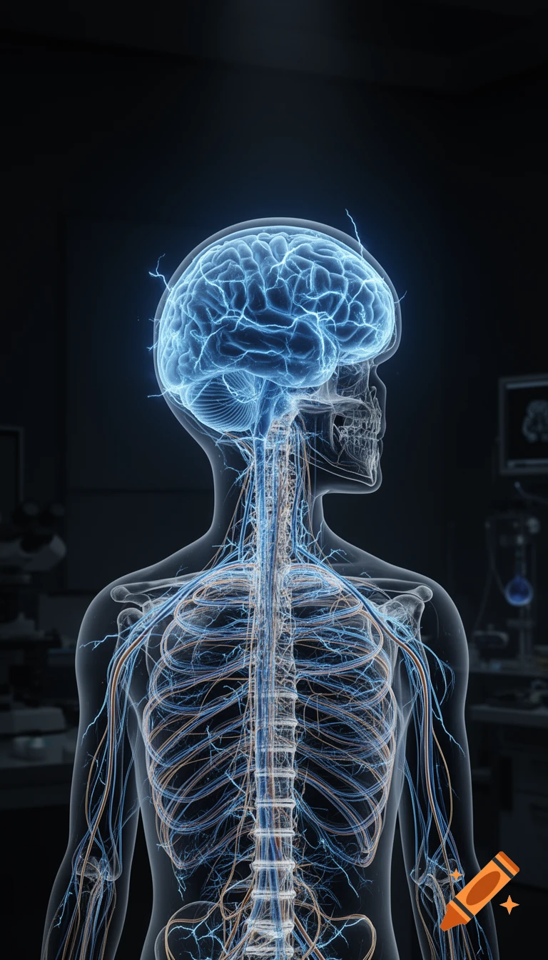 Photorealistic anatomical visualization of a human brain and nervous system with glowing blue neural pathways in a dark lab.