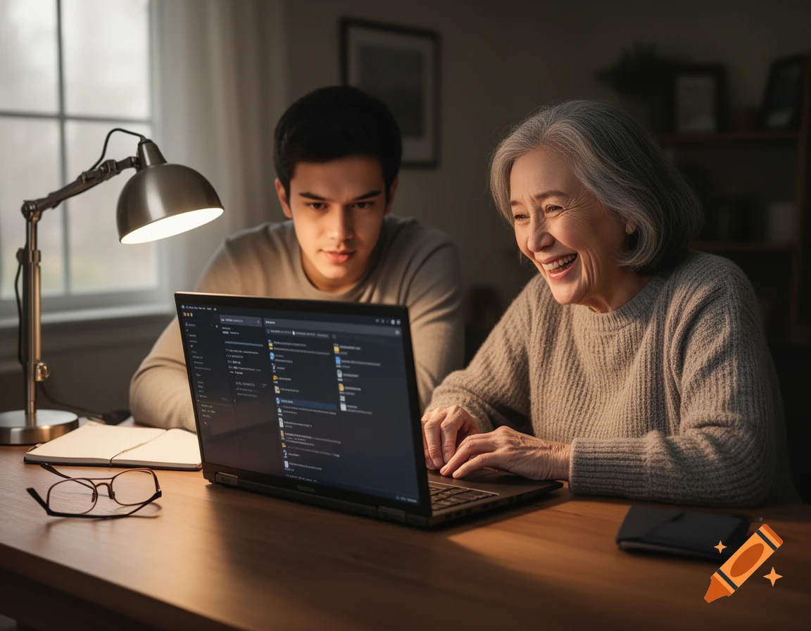 A young man and an elderly woman smiling while looking at a laptop screen on a wooden desk in a dimly lit room.