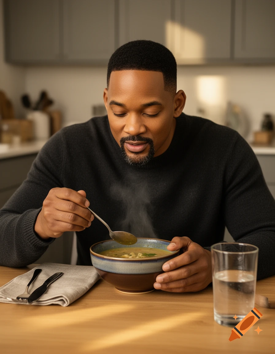 Photorealistic image of Will Smith eating soup from a bowl at a wooden table in a kitchen.