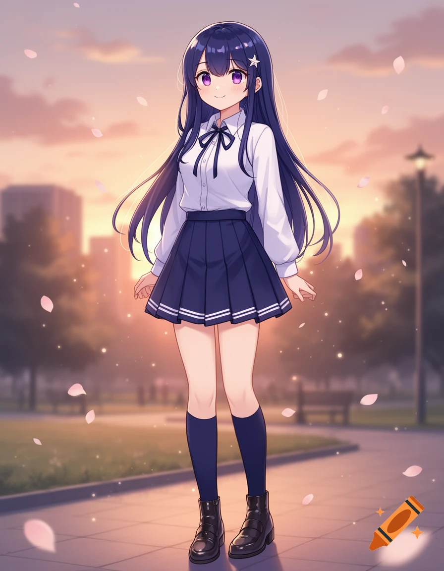 Anime girl with long purple hair and purple eyes wearing a school uniform in a park during sunset.