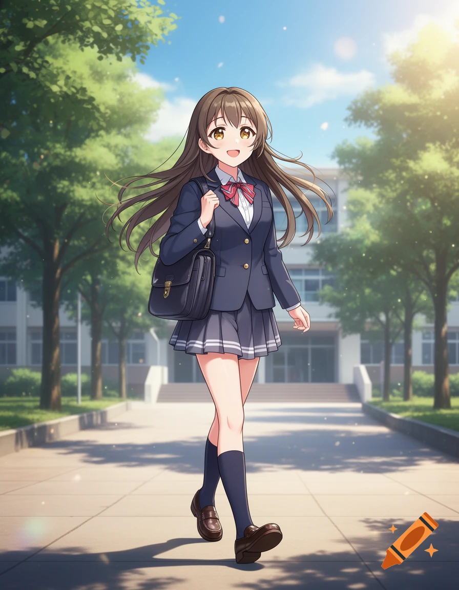 Anime style illustration of a smiling school girl with long brown hair walking on a sunny path outside a school building.