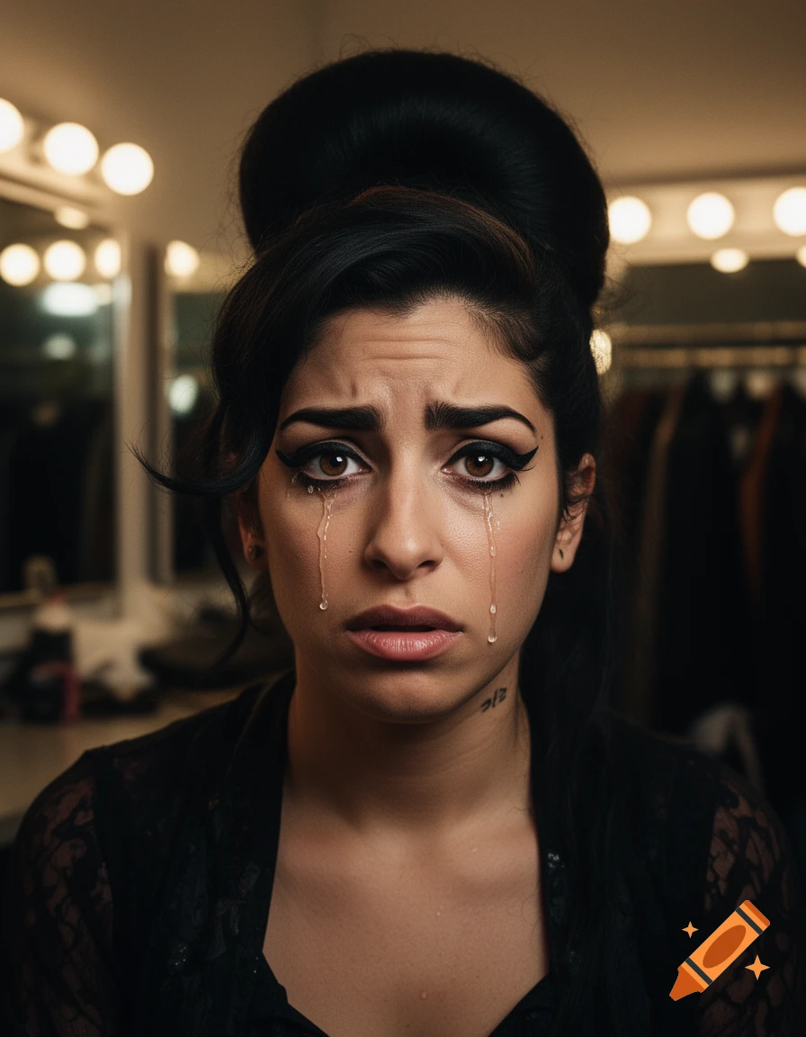 Photorealistic portrait of crying woman with dark updo hair and heavy eyeliner in dressing room