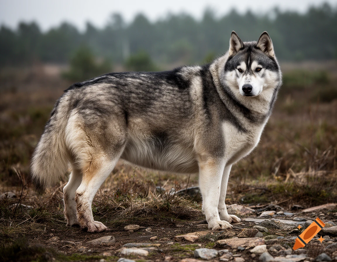 Photorealistic side profile of a very heavy, thick-coated husky standing on rocky ground with a blurred forest background.