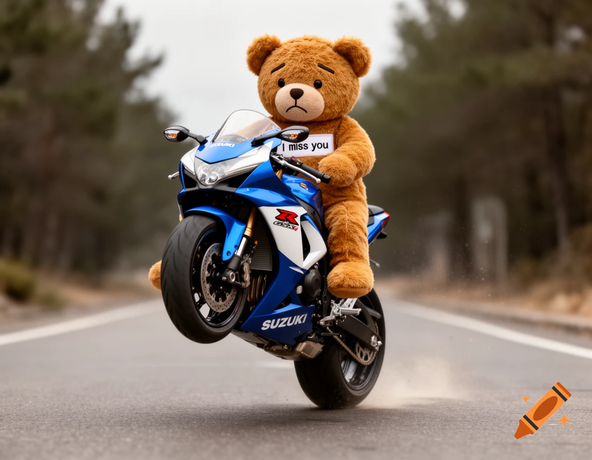 Photorealistic image of a sad teddy bear doing a wheelie on a blue Suzuki motorcycle on an empty road.
