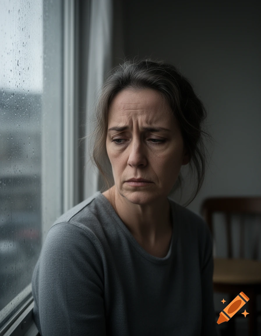 Photorealistic portrait of a sad middle-aged woman looking out a rain-streaked window.