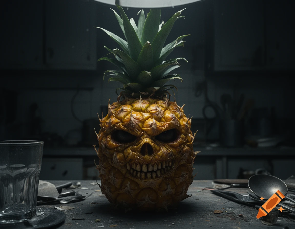 Photorealistic image of a carved pineapple resembling a skull with teeth, sitting on a dark cluttered table.
