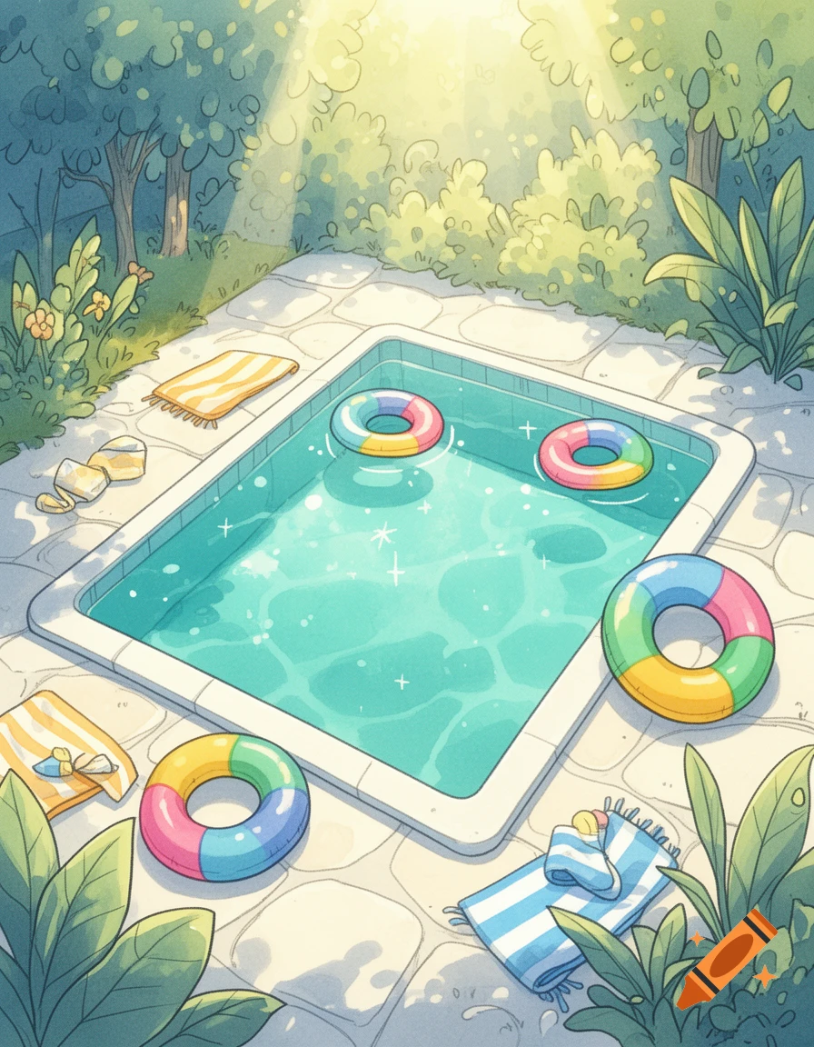 Animated illustration of a small backyard pool surrounded by plants, towels, and colorful floaties under sunlight.