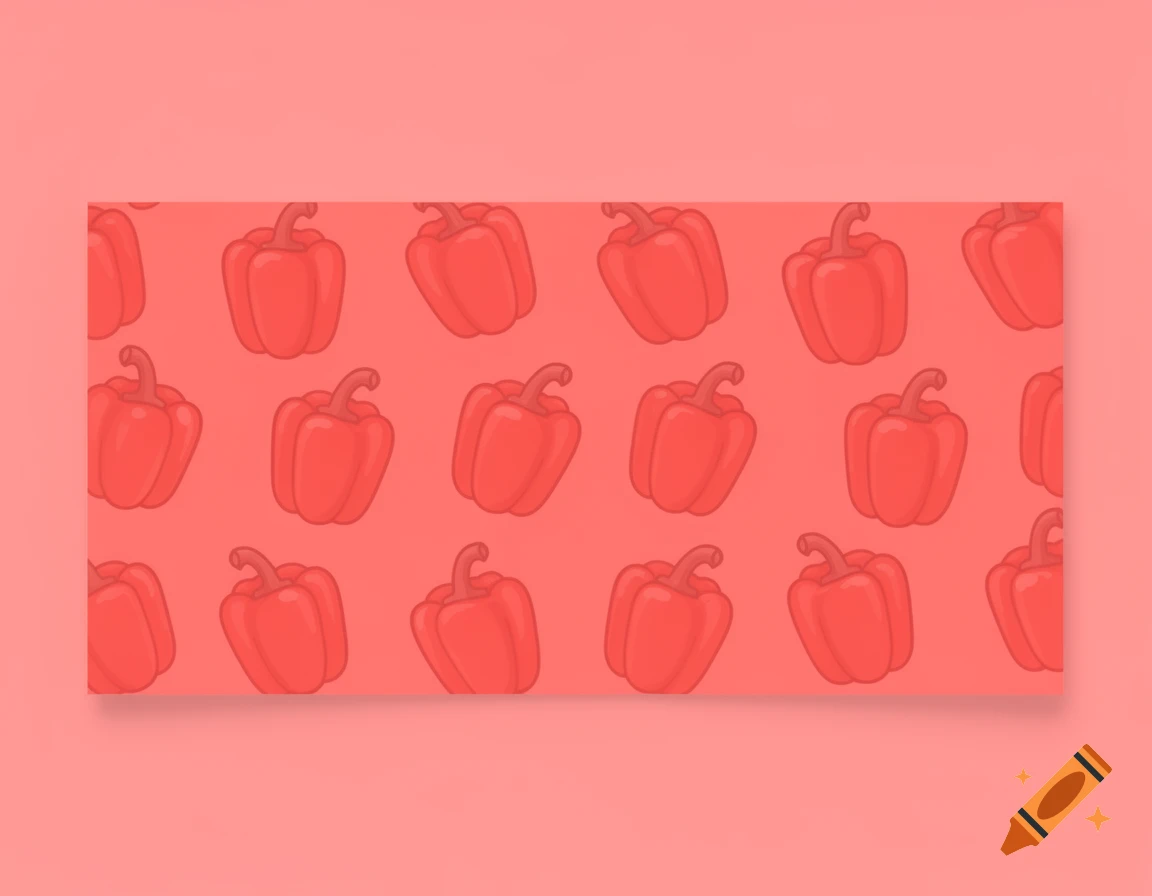 Digital illustration of a repeating pattern of red bell peppers on a pastel pink background.