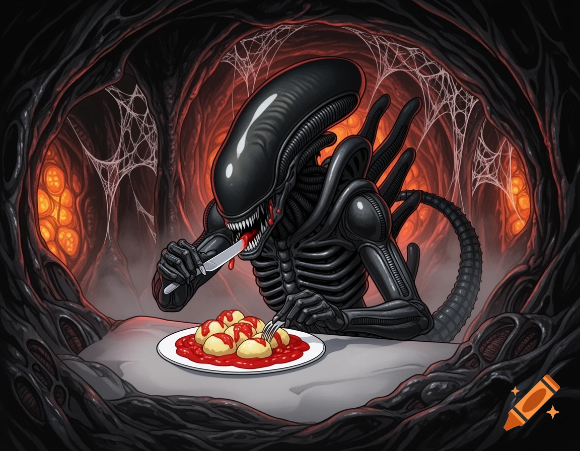 An anime-style Xenomorph sitting at a table in a nest, eating dumplings with tomato sauce using a knife and fork.