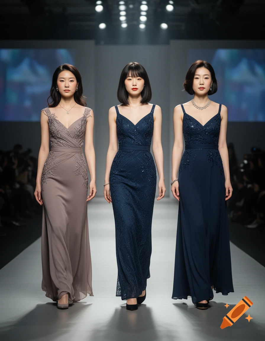 Three female models walking down a runway wearing elegant evening dresses in a photorealistic style.