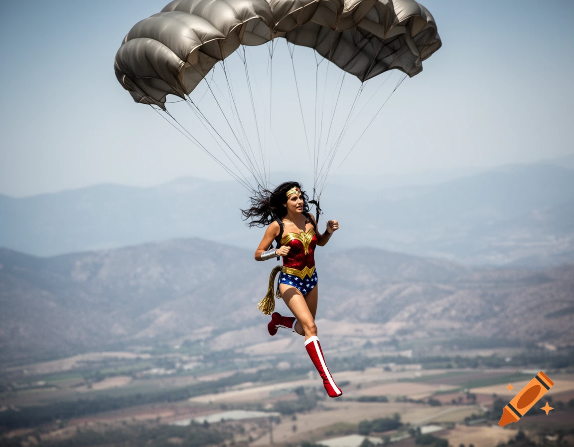 Photorealistic image of Wonder Woman wearing a parachute, running in mid-air with mountains in the background.