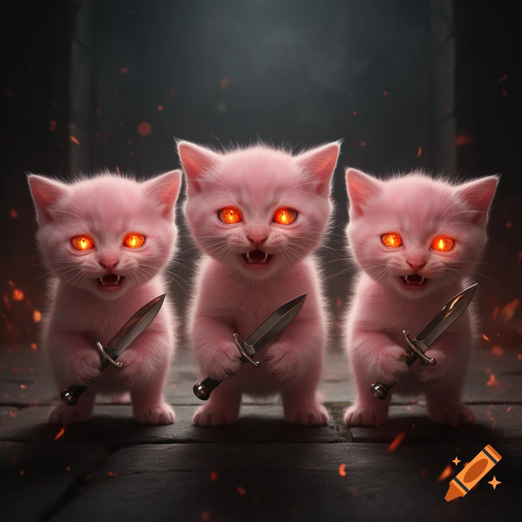 Three fluffy pink kittens with glowing orange eyes standing on a dark stone floor, each holding a small dagger.
