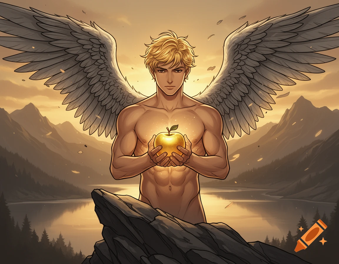 Digital art of a bare-chested young man with feathered angel wings holding a golden apple against a sunset mountain backdrop.