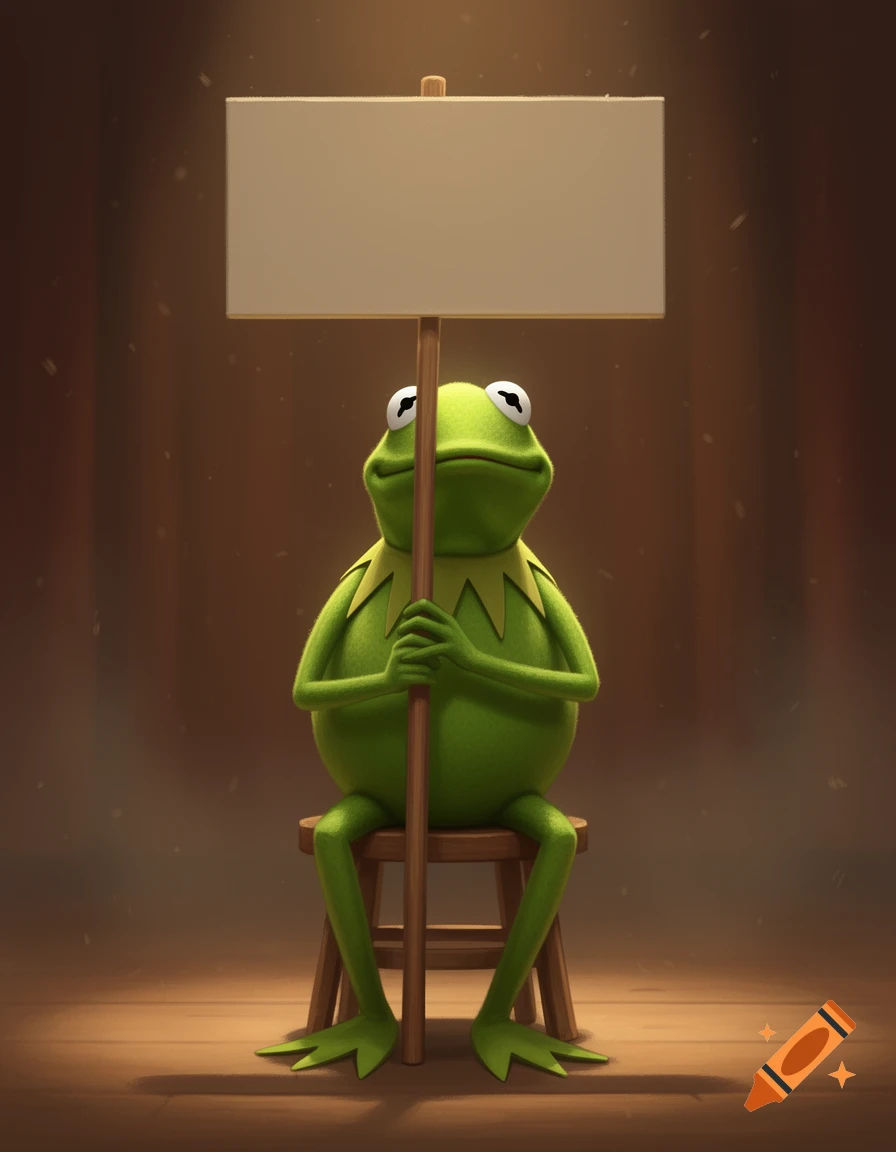 Kermit the frog sitting on a wooden stool holding a blank sign on a pole, digital illustration.