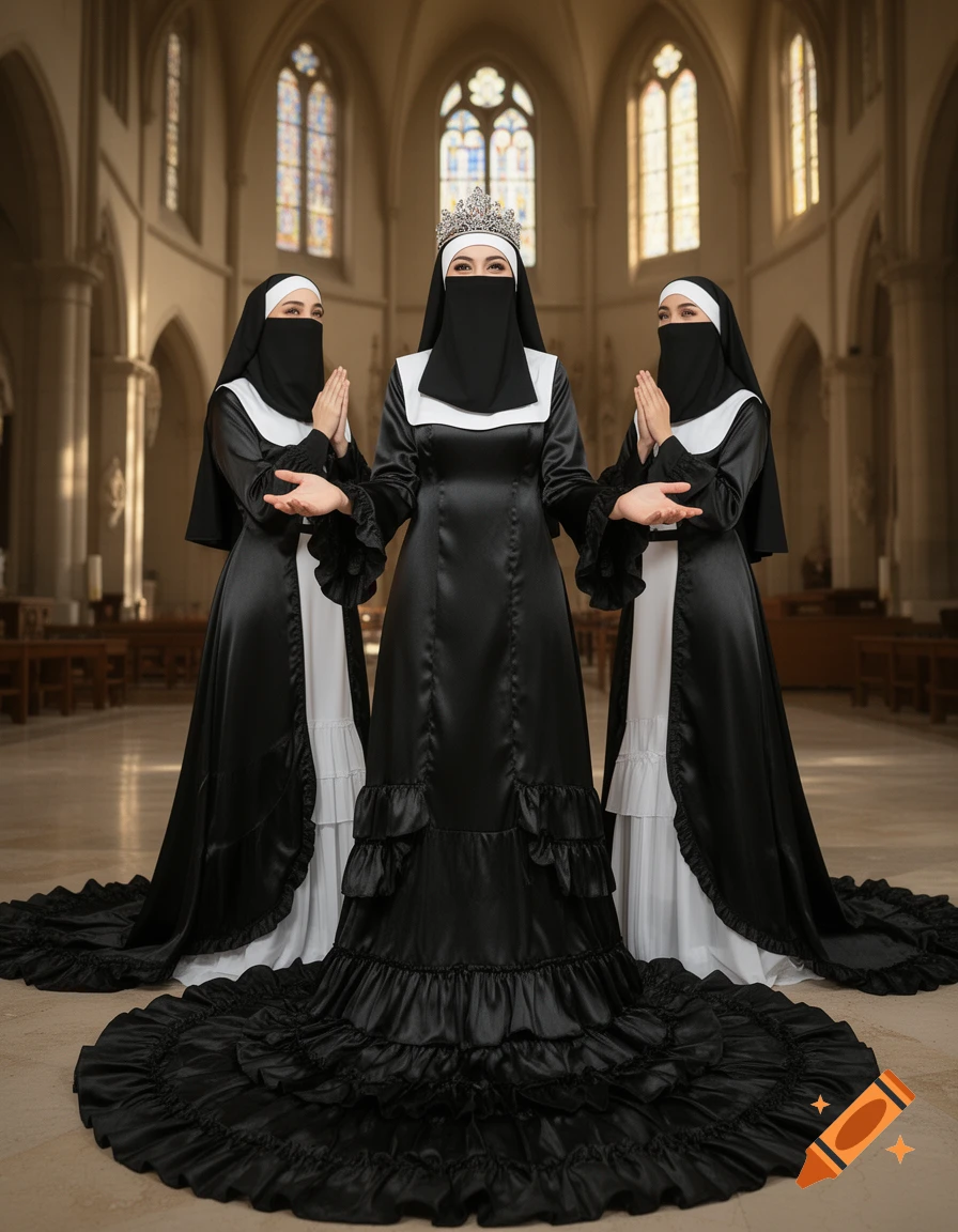 Three women in black satin dresses, white veils, and niqabs standing in a grand cathedral, one wearing a diadem.