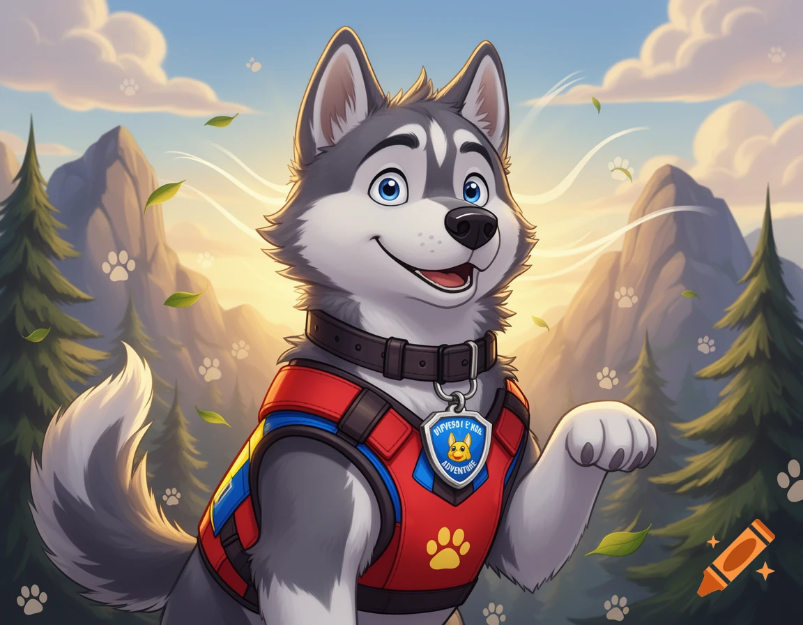 Digital illustration of an anthropomorphic husky puppy wearing a rescue harness and collar in a mountain landscape.