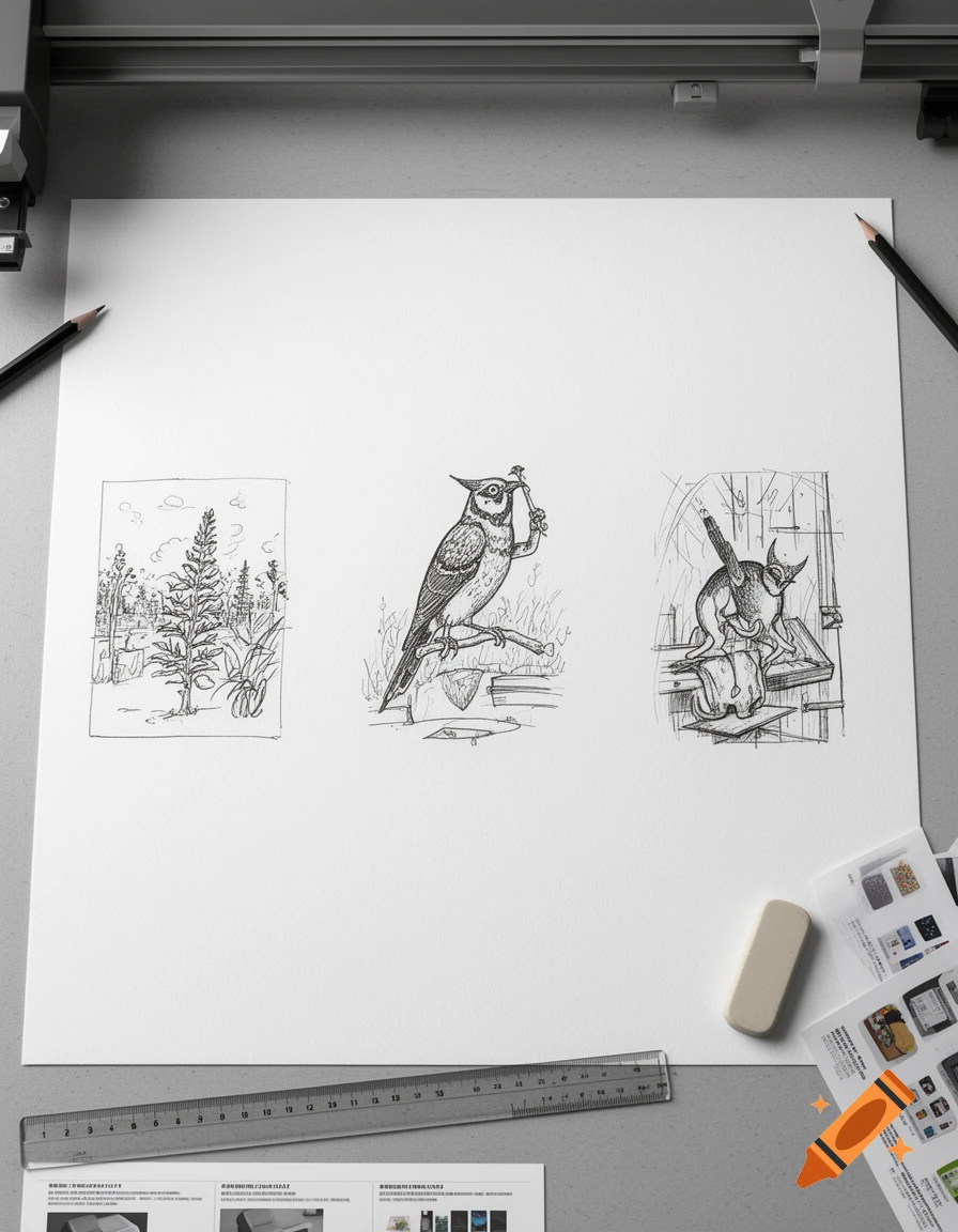 Three detailed pencil sketches on a white paper sheet, featuring a landscape, a bird, and a creature, laid on a desk with pencils and a ruler.