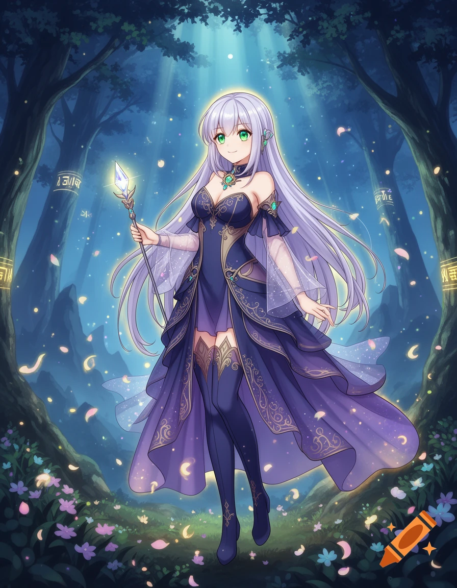Anime girl with long purple hair and green eyes, wearing a purple fantasy dress and holding a glowing staff in a magical forest.
