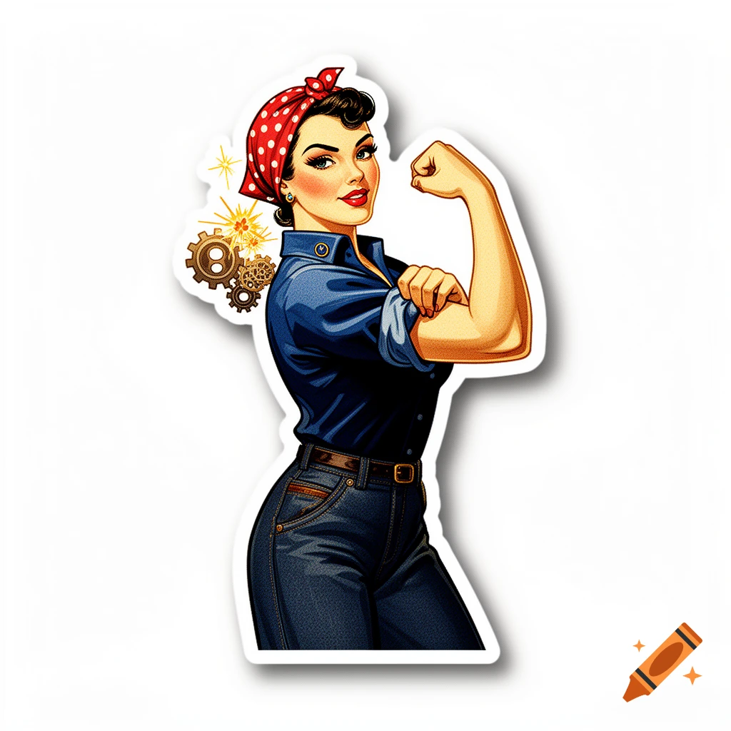 Retro illustration of Rosie the Riveter flexing her arm, styled as a sticker.